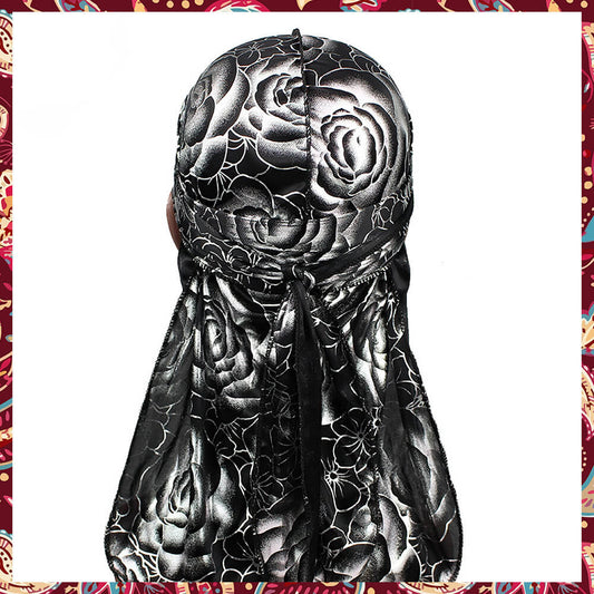 Silk black and white durag, showcasing rose patterns.