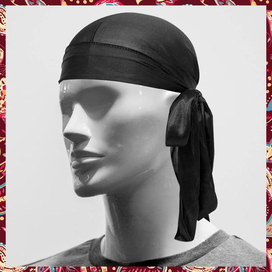 Smooth black satin durag.