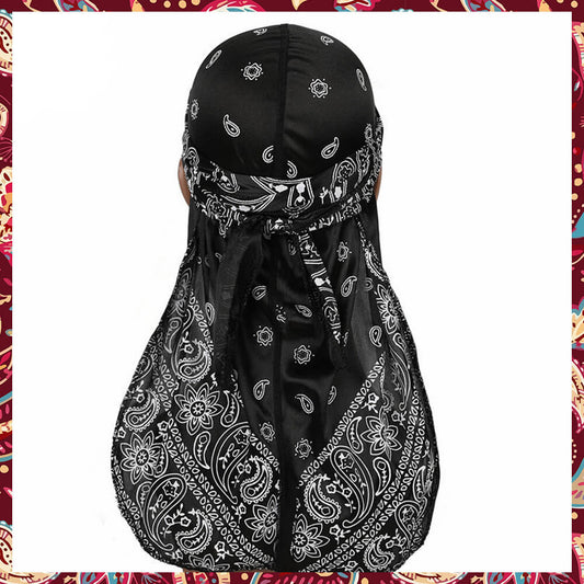 Black silk durag with a classic white bandana pattern.