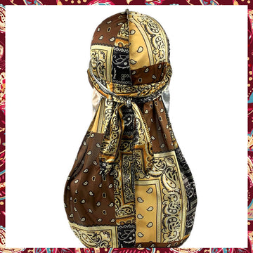 Brown silk durag encapsulating a bandana print.