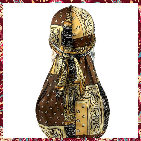 Brown silk durag encapsulating a bandana print.