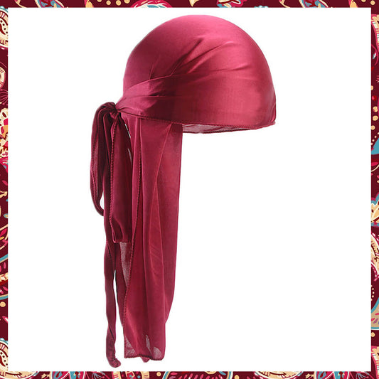 Deep burgundy silk durag with a luxurious feel.