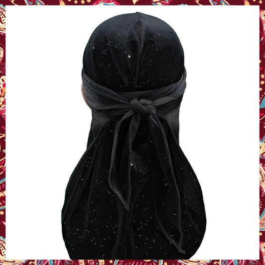 Crystals Black Velvet Durag showcasing intricate crystal design on black velvet material.