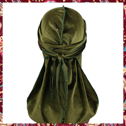 Crystals Green Velvet Durag highlighting its luxurious crystals.