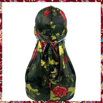 Silk durag blending green and rose camouflage design.