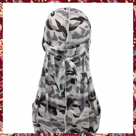 Grey camo pattern adorning a soft silky durag.