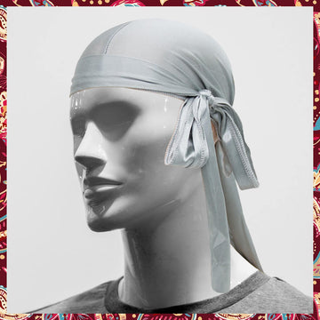 Sleek grey satin durag.