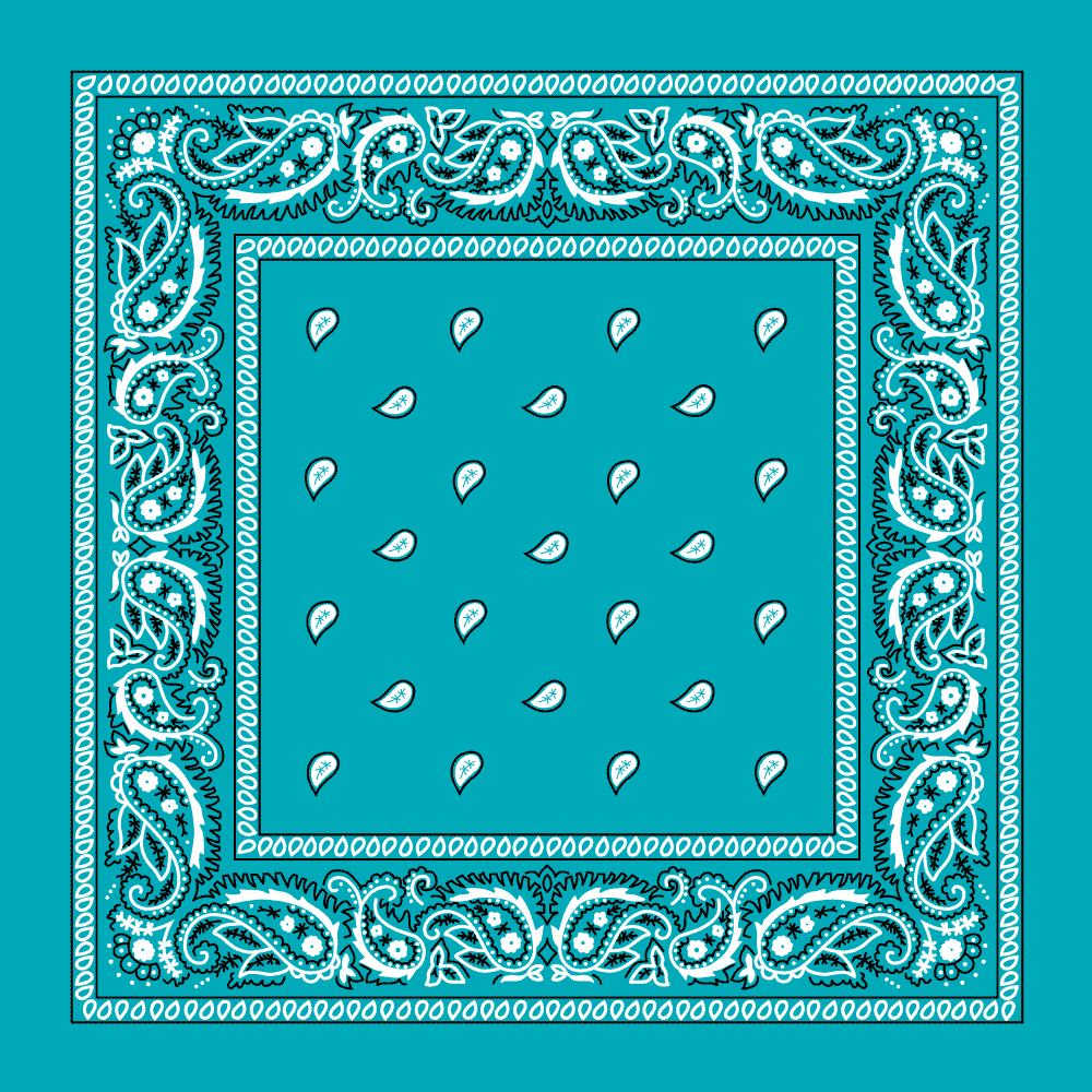 Turquoise bandana with black and white paisley patterns