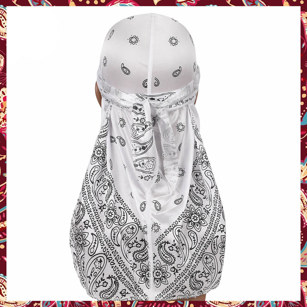 White durag featuring a silk bandana motif.