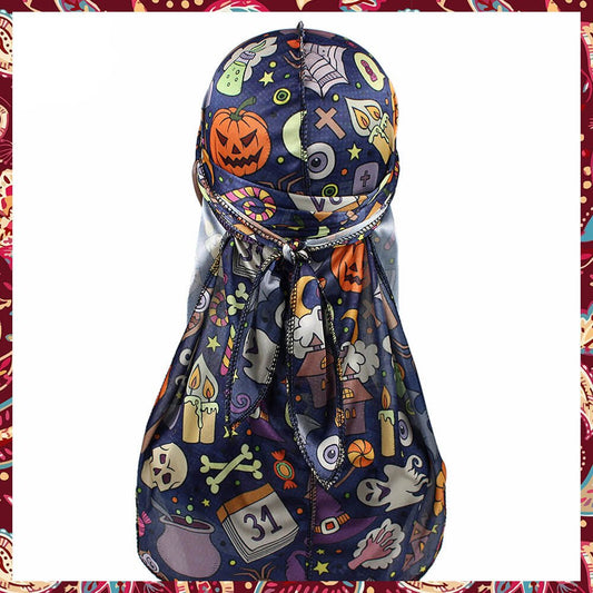 Eerie blue silk durag with Halloween patterns.