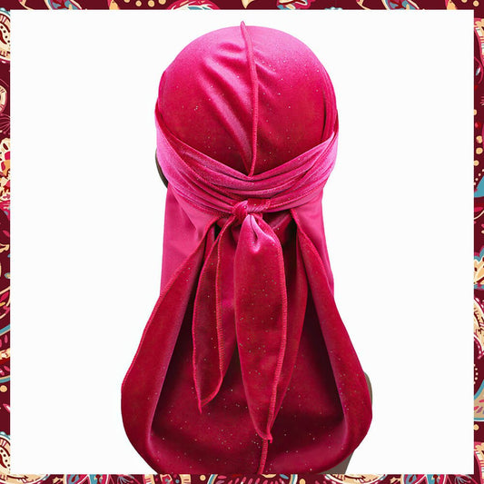 Crystals Hot Pink Velvet Durag emphasizing vibrant color and crystal details.