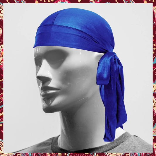 Intense dark blue satin durag.