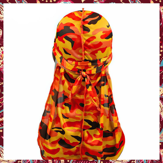 Silk durag featuring orange bape camouflage pattern.