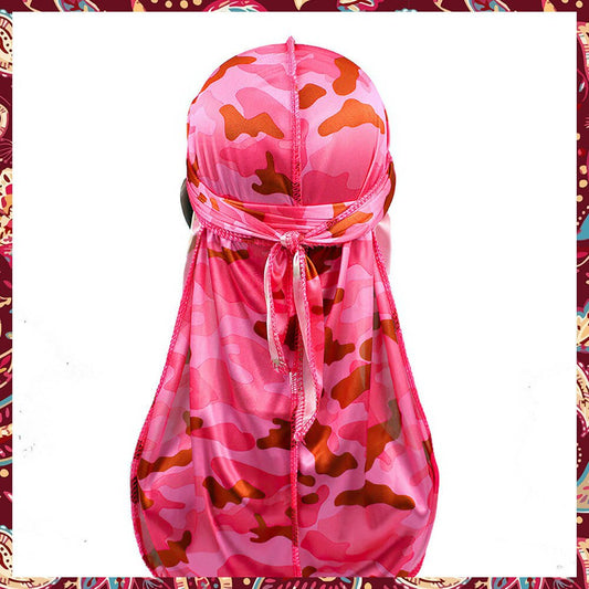 Silk durag with pink camo design.