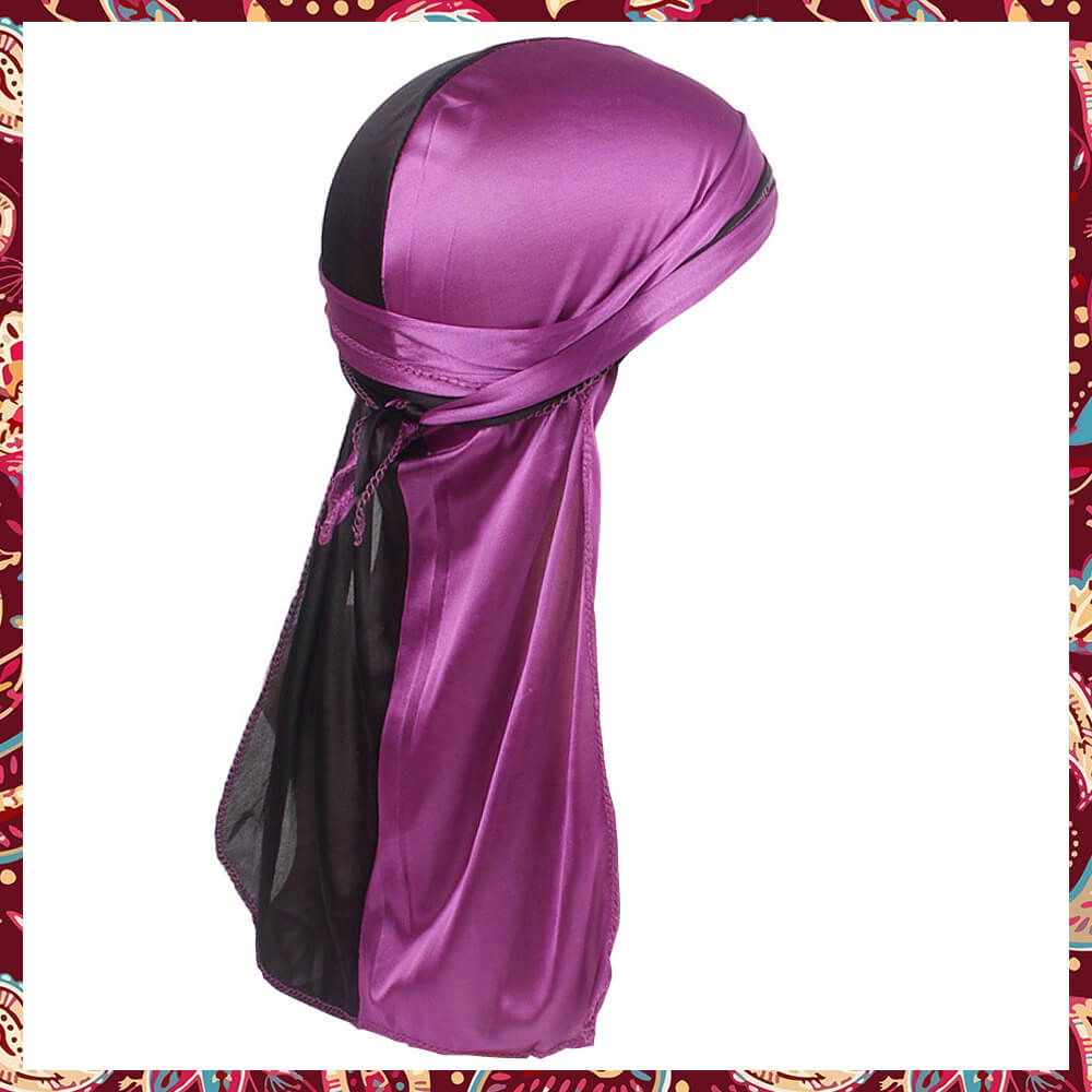 Silk Durag in black and purple hues with a sleek design.