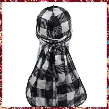 Silk durag capturing the essence of black and white tartan patterns.