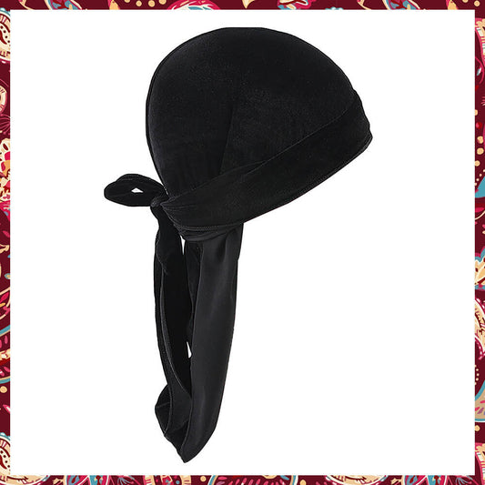 Close-up view of a smooth and luxurious Black Velvet Durag.
