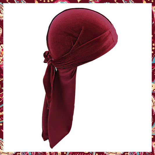 Regal Burgundy Velvet Durag presenting its rich color and comfortable texture.