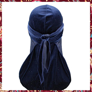 Crystals Blue Velvet Durag highlighting crystal decor on blue velvet.