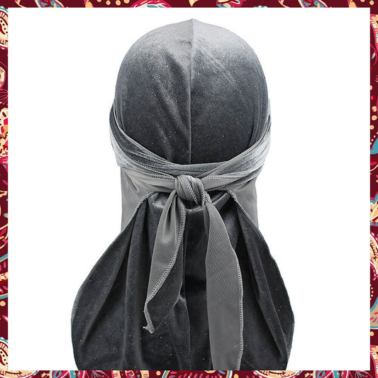 Crystals Grey Velvet Durag, showing off the grey velvet material with intricate crystal details.