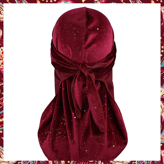 Close-up view of Crystals Red Velvet Durag featuring radiant crystal embellishments.