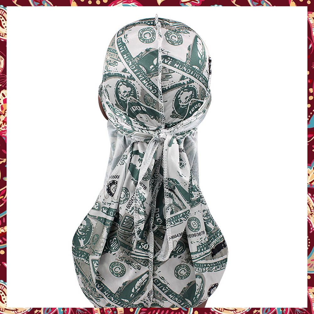 Silk durag adorned with iconic dollar bill imprints.