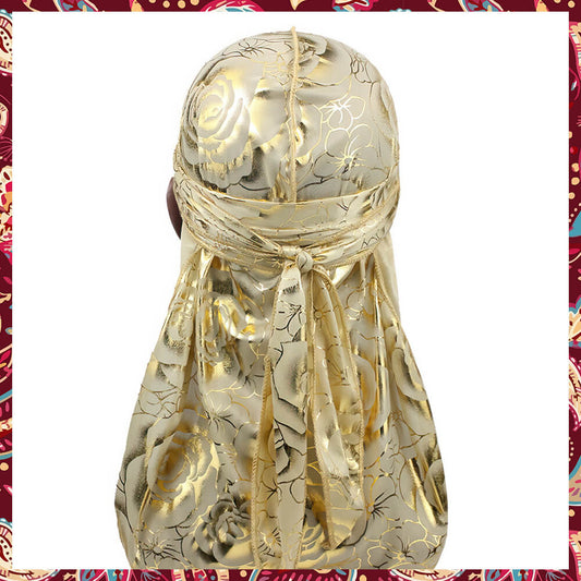 Silk gold durag, showcasing rose patterns.