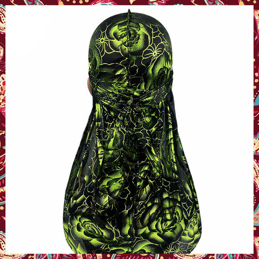 Silk black and green durag with rose patterns.