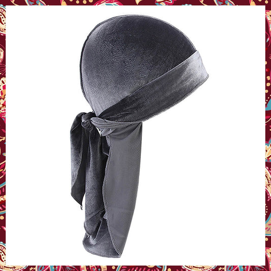 Sleek Grey Velvet Durag showing its neutral shade and soft texture.