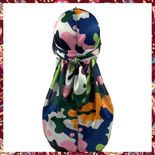 Silky durag displaying a vibrant multicolor camouflage design.