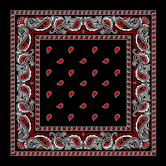 Black bandana with red paisley motifs