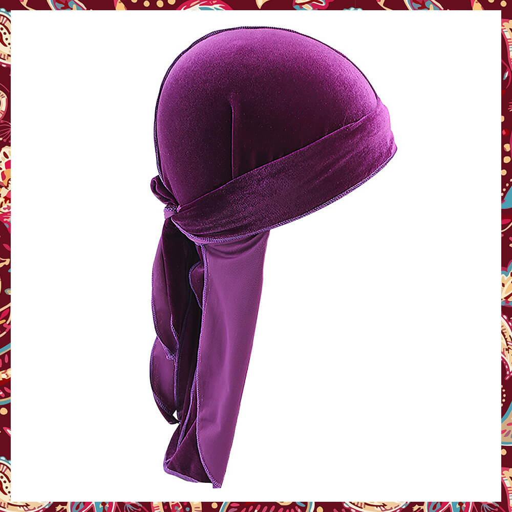 Vibrant Purple Velvet Durag revealing its royal shade and plush velvet.