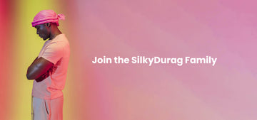 A man with a durag behind a colorful background where it says ''Join the SilkyDurag Family''.