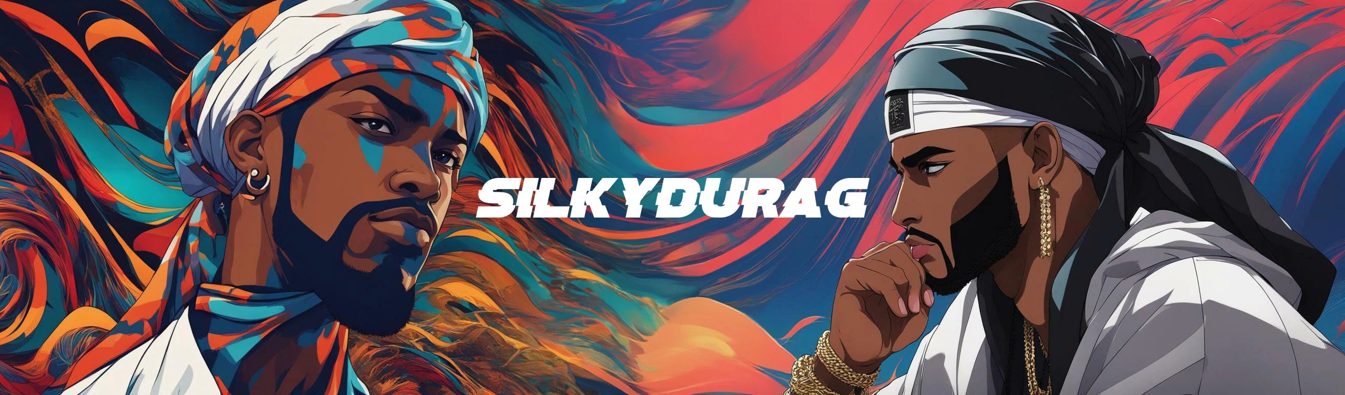 Logo of SilkyDurag online store in the middle of two Afro-American men wearing durags, with a gradient waves background.