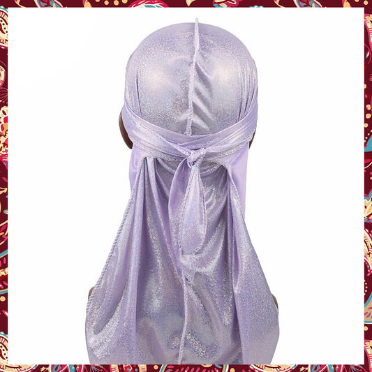 Purple silk durag with a dreamy sparkle overlay.
