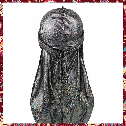 Silver silk durag with shiny sparkles.