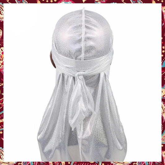 Shimmering white silk durag with sparkle.