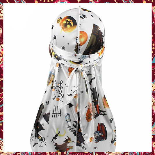 Silky durag with ghostly white Halloween-themed patterns.