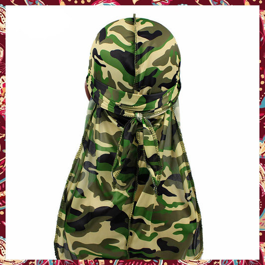 Traditional army camouflage pattern on a silky durag.