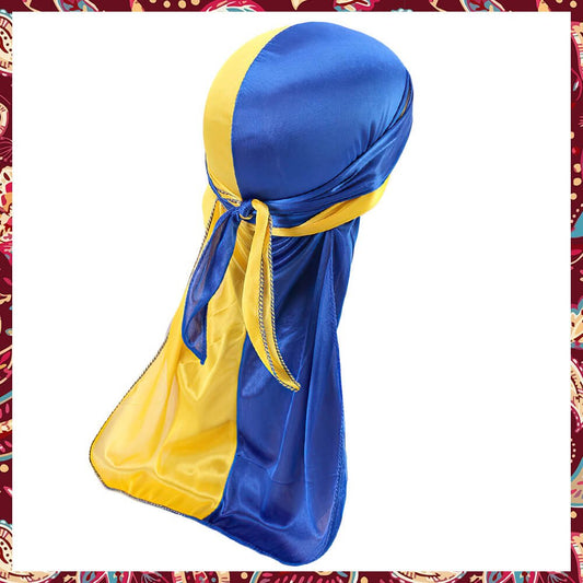 Stylish Blue and Yellow Silk Durag with a secure fit.