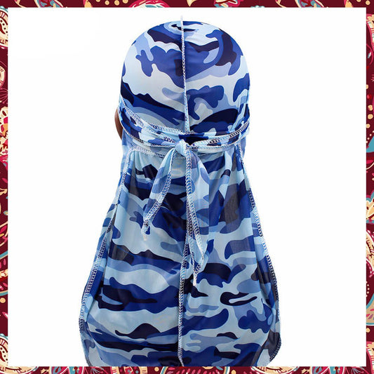Blue-toned camouflage print on silky smooth durag.
