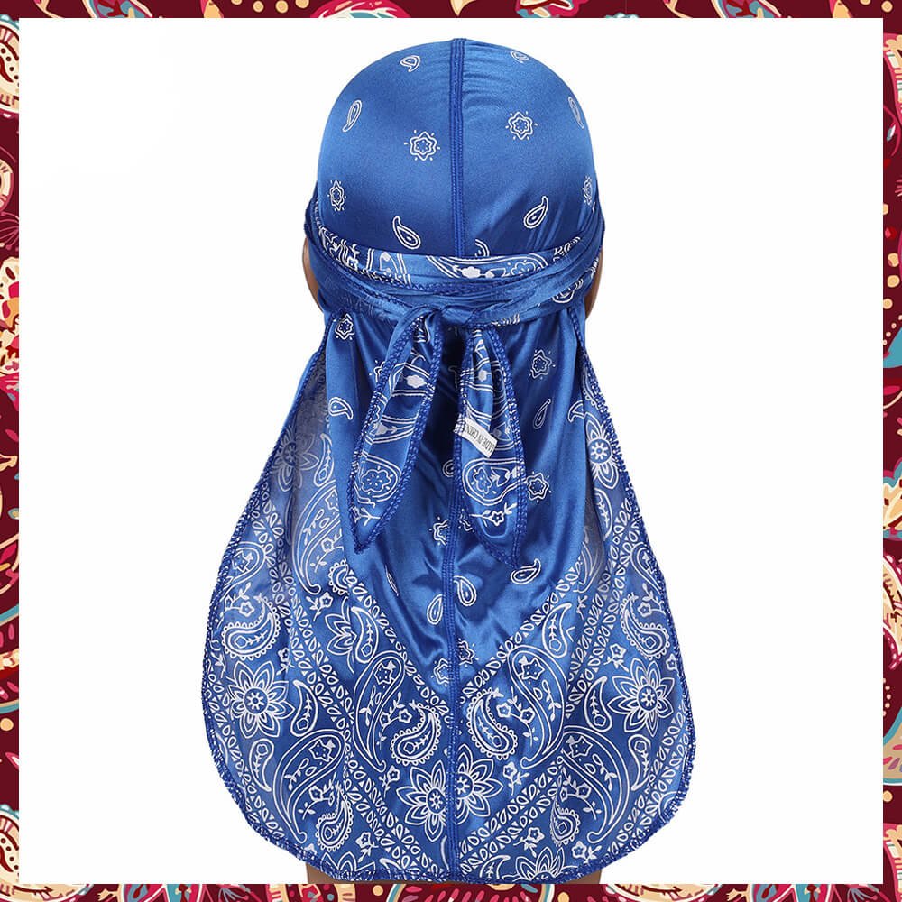 Blue silky durag with a classic bandana print.