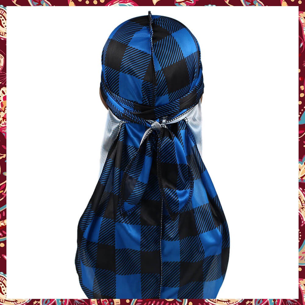 Blue silk durag infused with a tartan design.