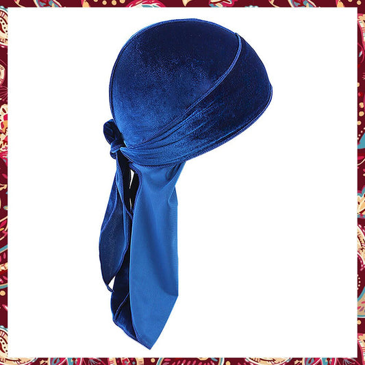 Stylish Blue Velvet Durag demonstrating its rich shade and comfort.