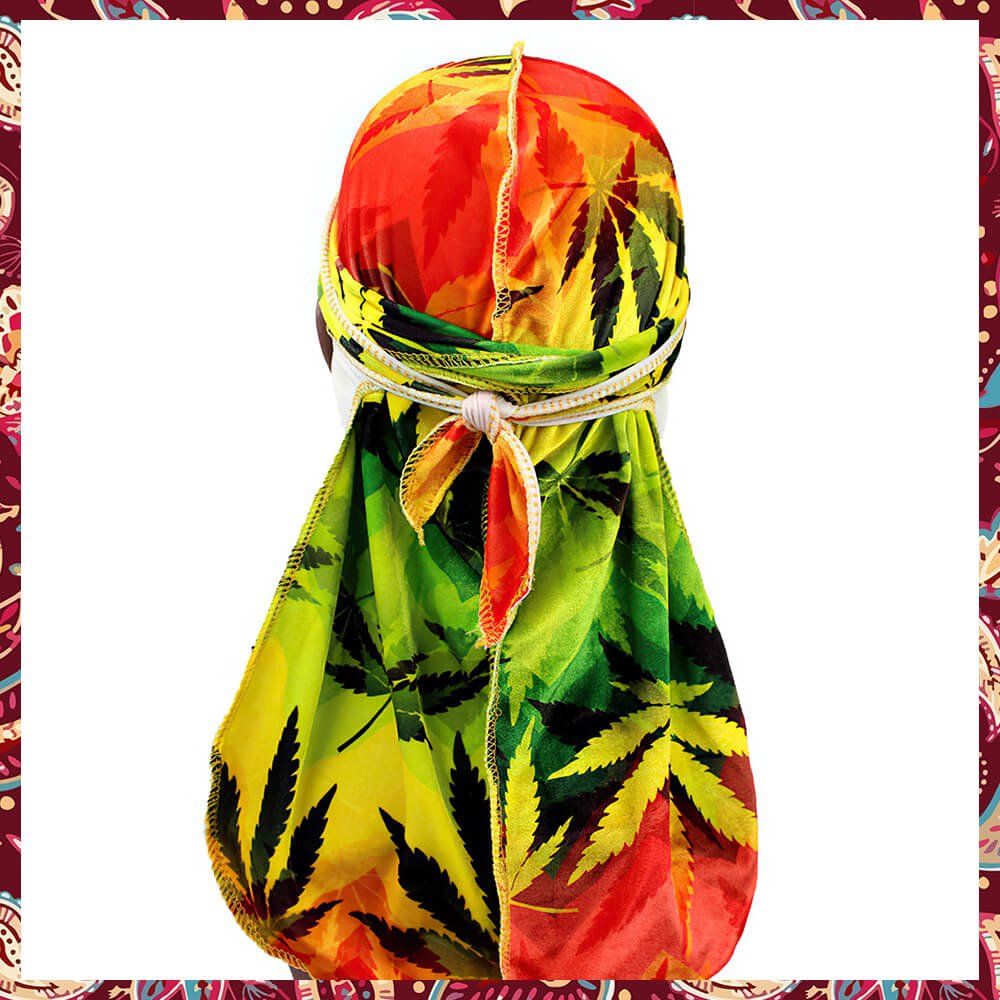 Silky durag imprinted with cannabis leaf motifs.