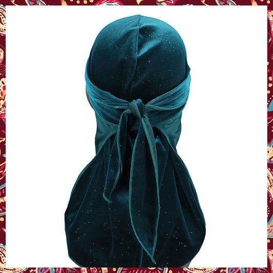 Crystals Turquoise Velvet Durag displaying turquoise velvet with embedded crystals.