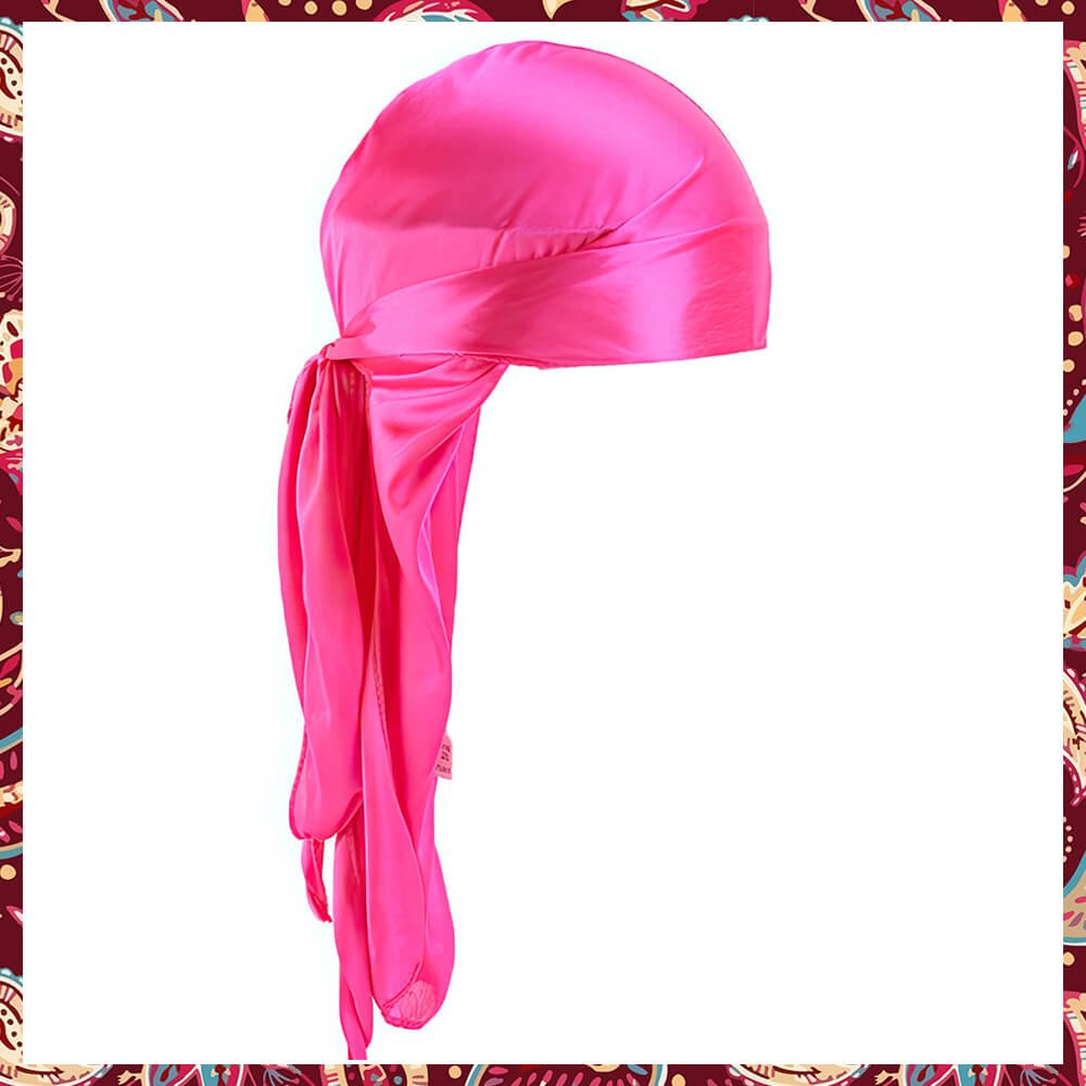 A hot pink silky durag, made of silk.