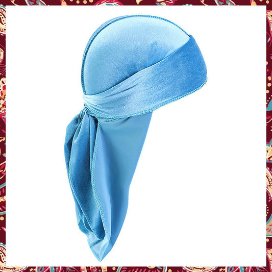Charming Light Blue Velvet Durag exhibiting its pastel shade and smooth texture.