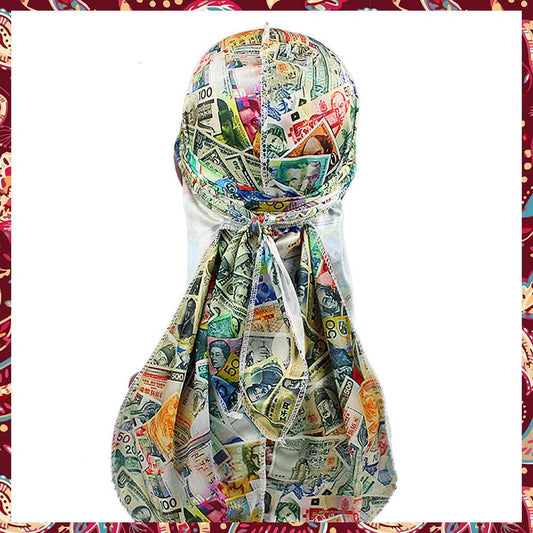 Silk durag showcasing an exquisite money-themed design.
