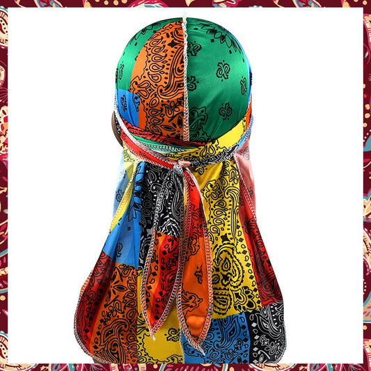 Diverse colors shades converge in a silk bandana-themed durag.